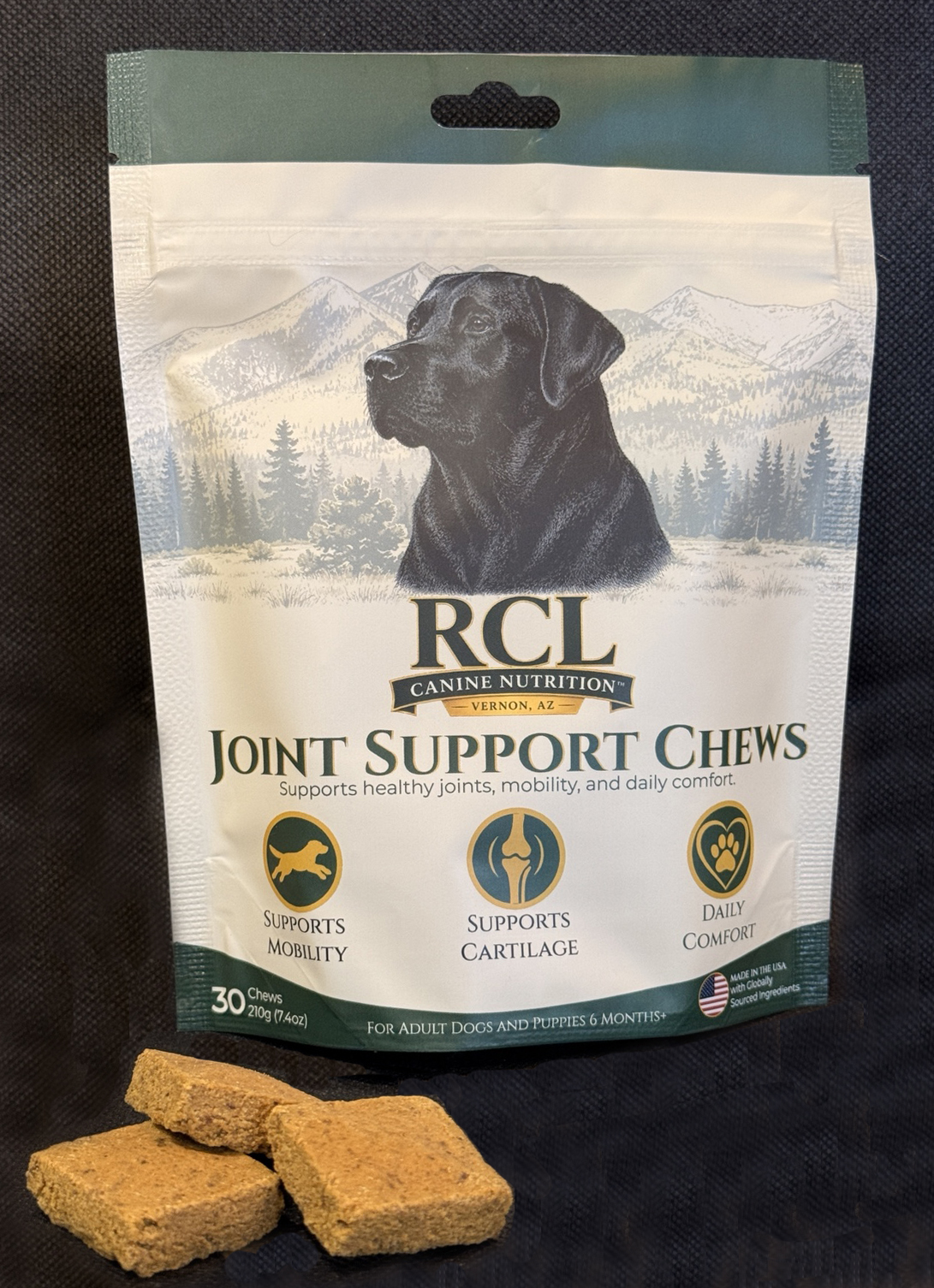 RCL™ Joint Support Chews pouch with three chews displayed in front